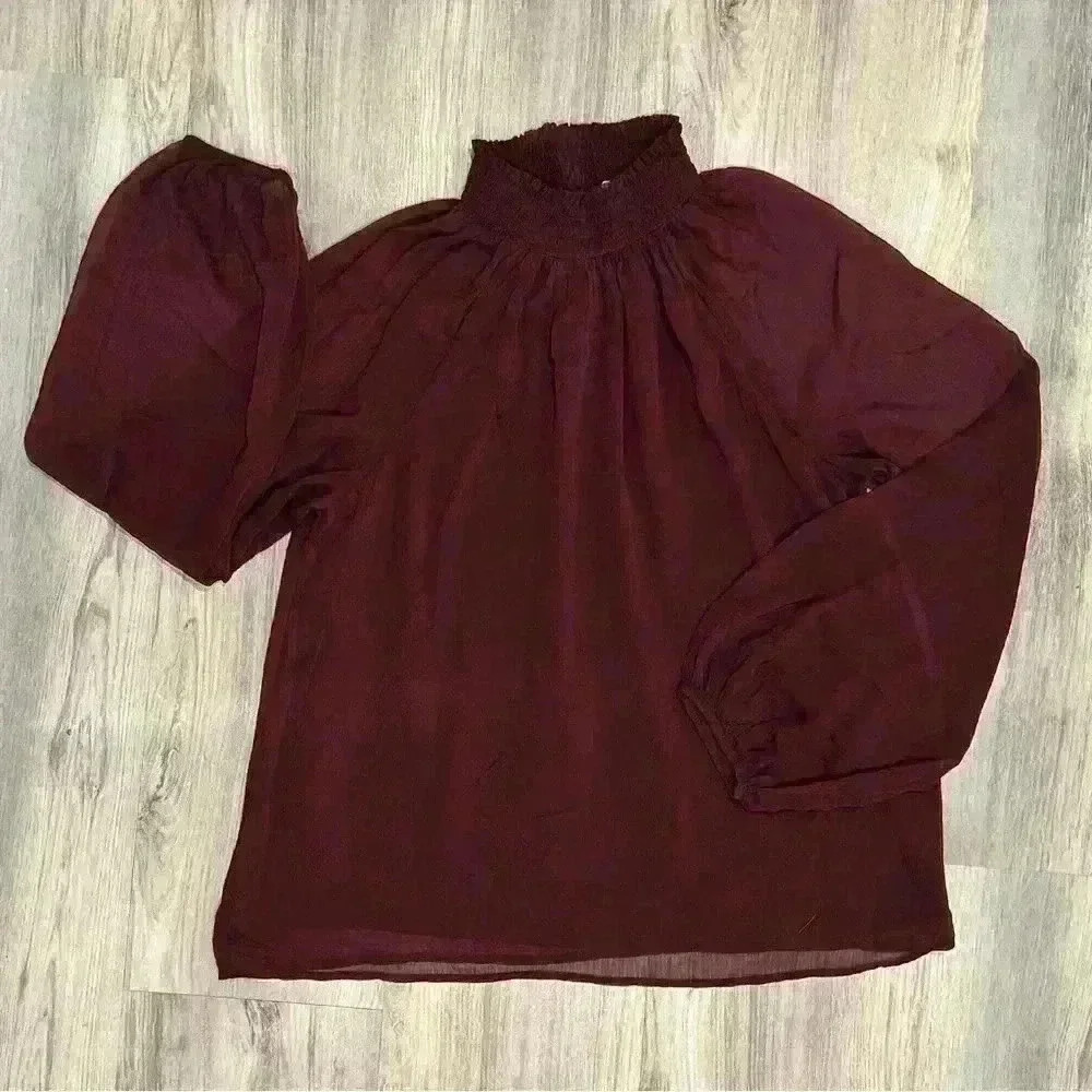 Joie Women’s Wine Red Long Sheer Sleeve Smocked Blouse Mock Neck Top Size L